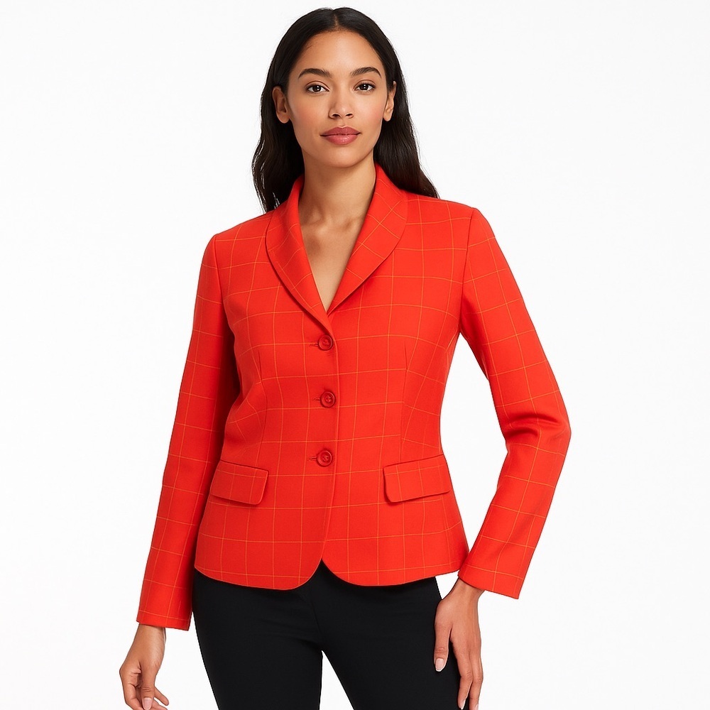 Pendleton Womens Orange Plaid Wool Blazer Tailored Virgin Wool Jacket Sz‎ 10
